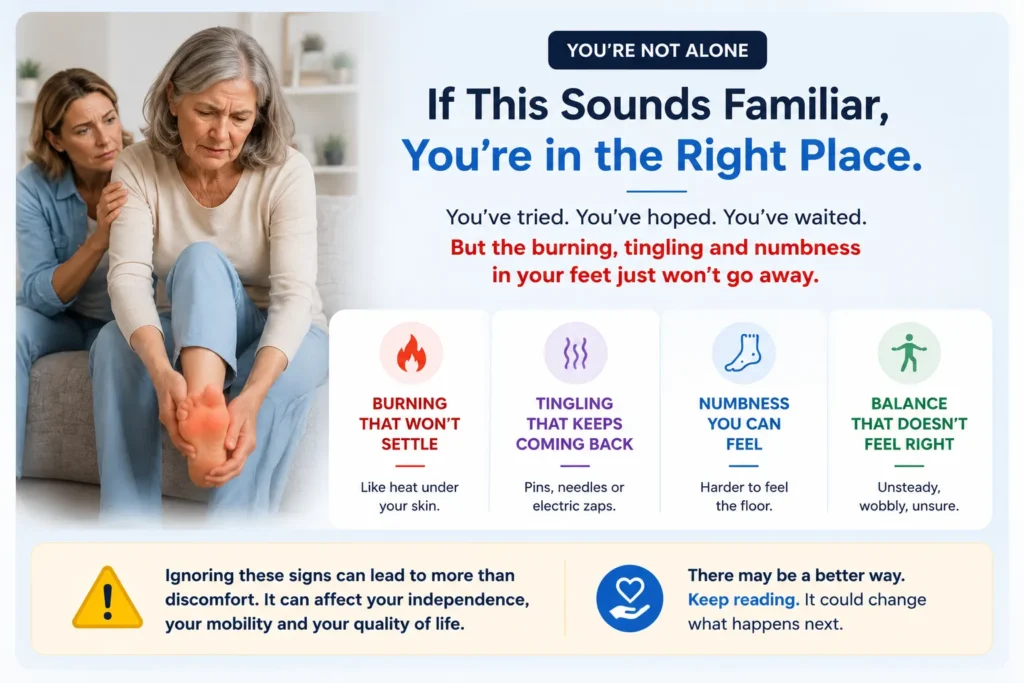 Older woman experiencing burning, tingling, numbness, and balance changes associated with peripheral neuropathy