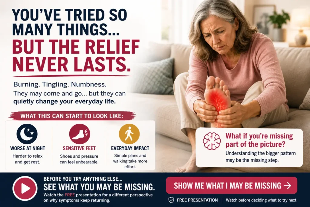 Older woman holding her painful foot while dealing with recurring burning, tingling and numbness.