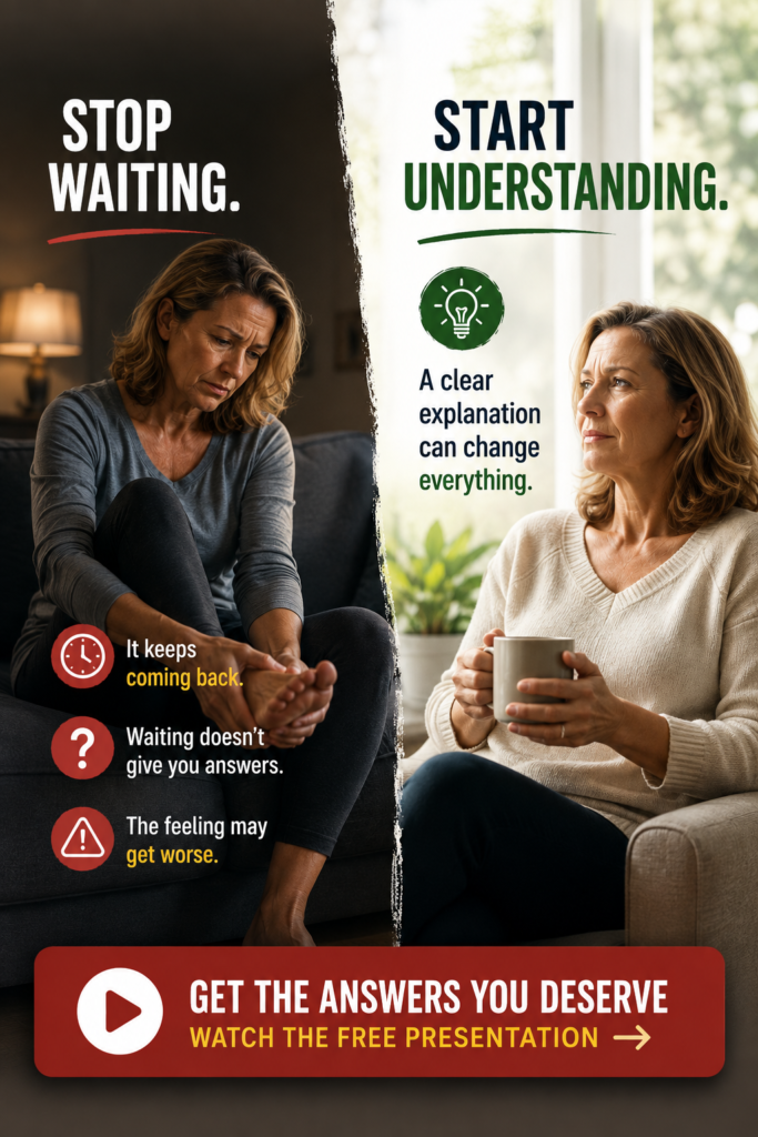 Realistic split-screen image showing a middle-aged woman living with feet that feel asleep and numb before discovering a better understanding of the recurring sensation.