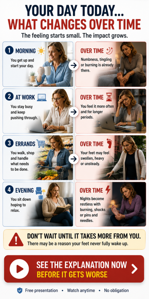 Middle-aged woman experiencing feet that feel asleep throughout her daily routine, showing how numbness, tingling and reduced feeling can gradually affect everyday activities.