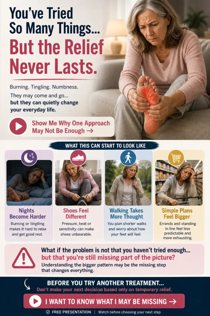 Older woman experiencing recurring burning, tingling and numbness in her feet during everyday activities.