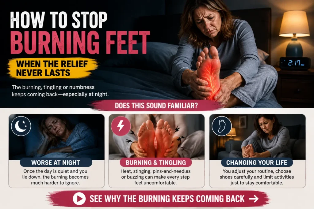 Woman holding her foot at home while experiencing recurring burning and tingling sensations.