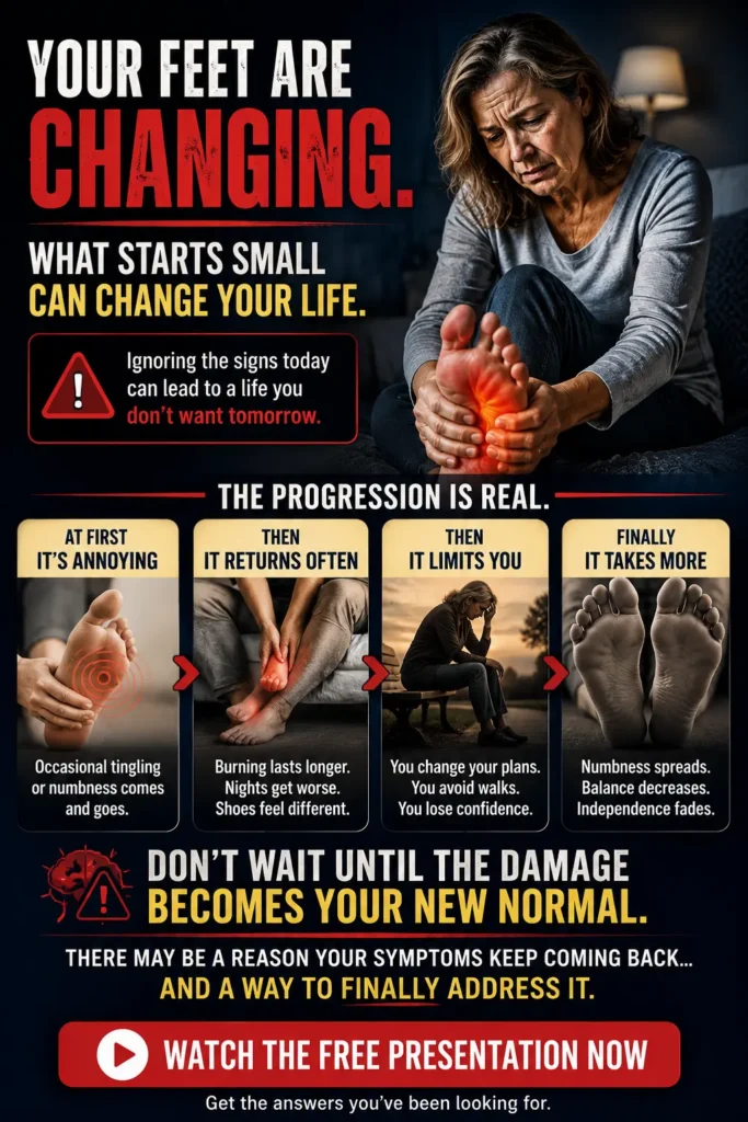 How To Relieve Neuropathy In Feet? Older woman with burning foot illustrating how burning, tingling and numbness may gradually affect daily life over time.