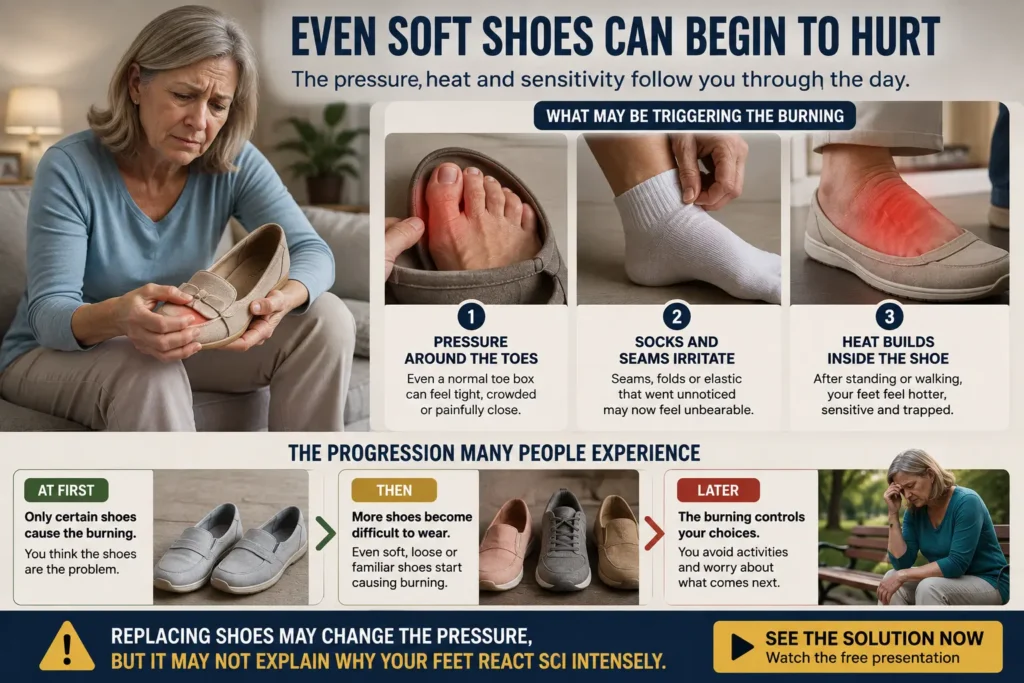 Older woman experiencing burning feet while wearing comfortable shoes, showing increased foot sensitivity, pressure and difficulty walking during everyday activities.