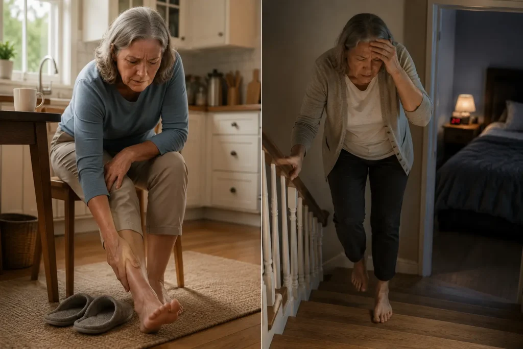 Older woman struggling with worsening neuropathy during everyday life, experiencing burning feet during the day and difficulty walking safely at night.