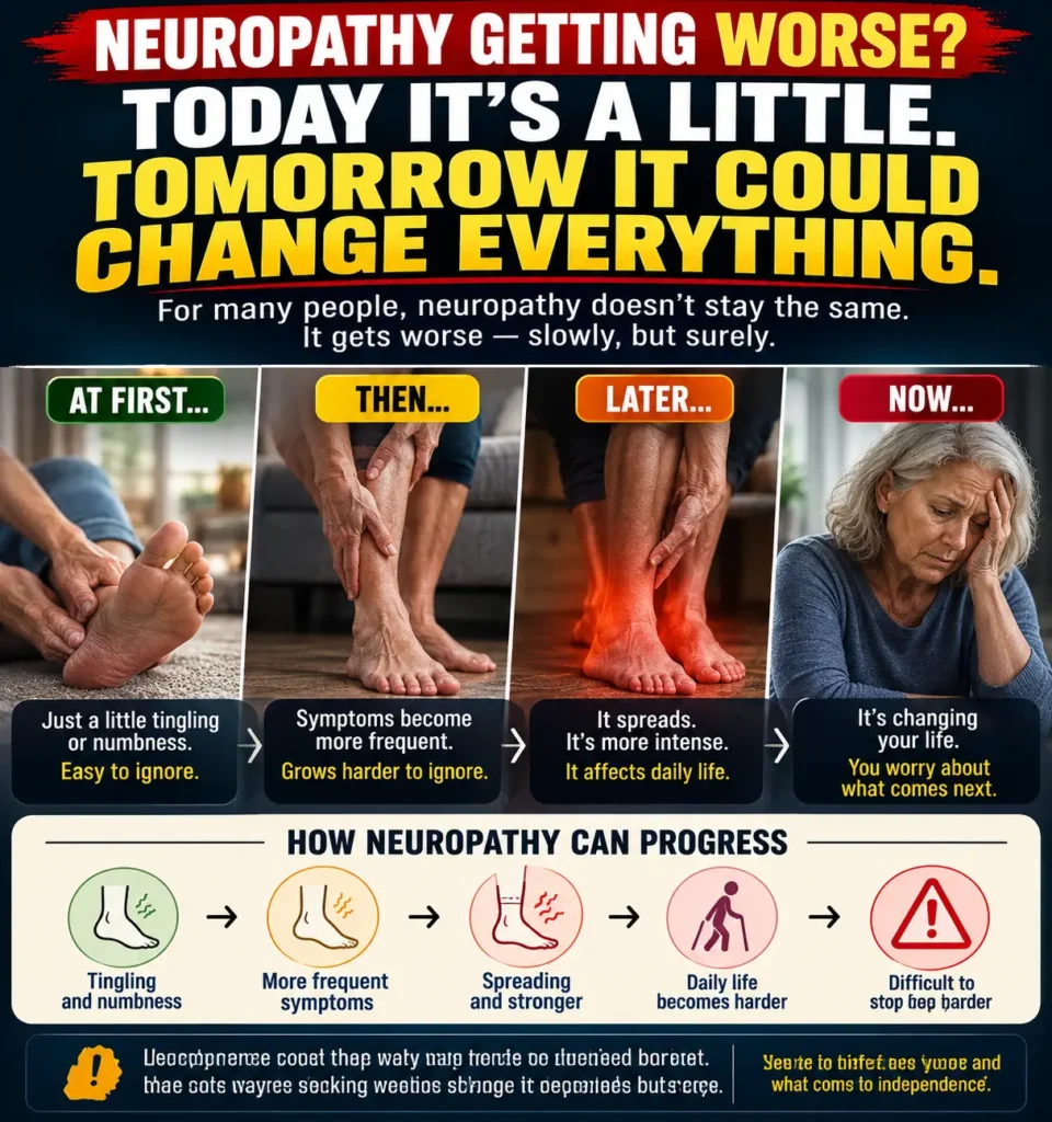 Older woman noticing her neuropathy symptoms getting worse as burning, tingling and numbness begin affecting everyday activities and independence.