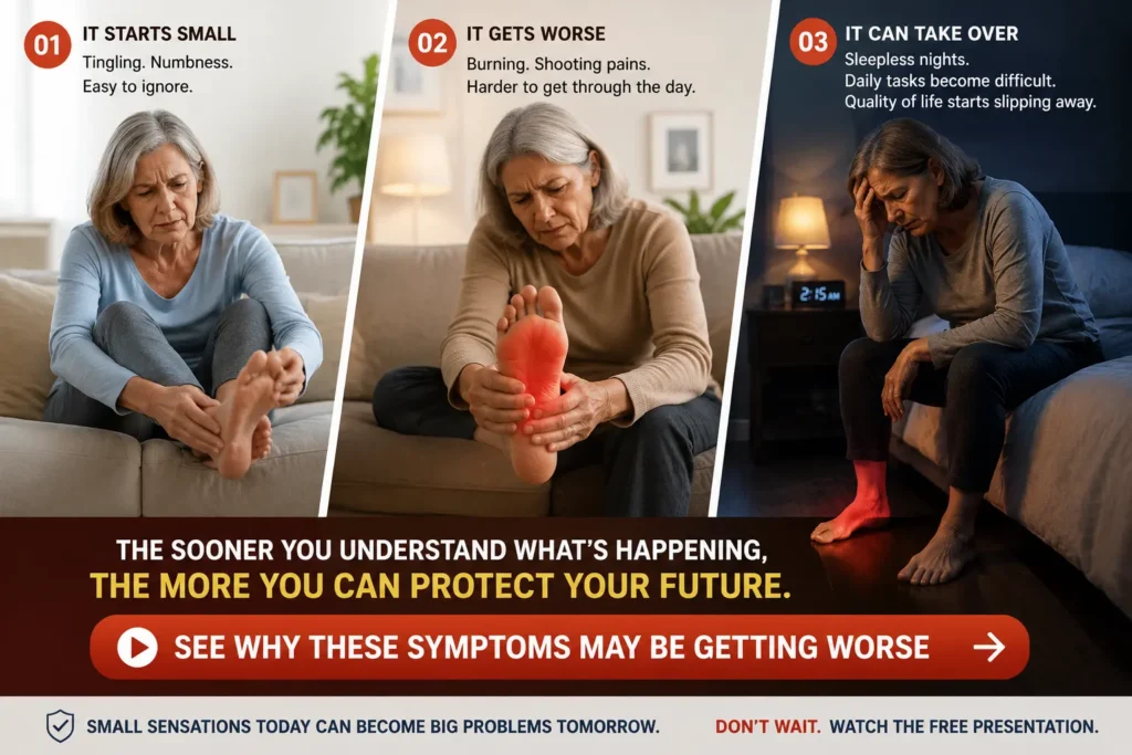 Older woman experiencing neuropathy symptoms progressing from mild tingling and numbness to burning feet, sleep disruption and increasing difficulty with everyday activities.