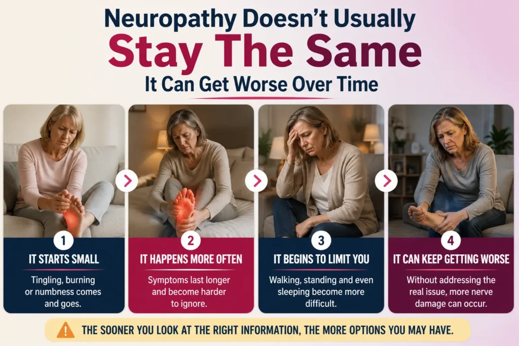 How To Relieve Neuropathy In Feet? Illustration showing the progression of burning, tingling and numb feet becoming more frequent and affecting everyday life over time.