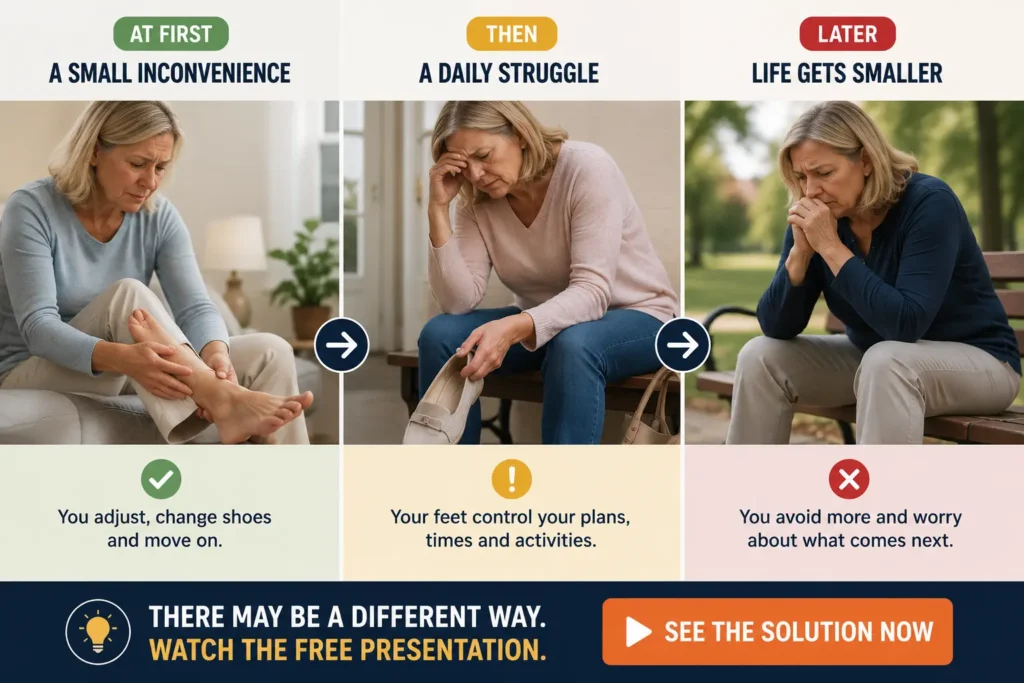 Older woman experiencing the progression of burning feet, showing how foot pain while wearing shoes gradually affects walking, daily activities and independence.
