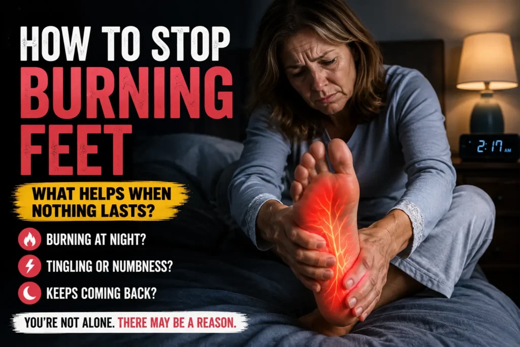 Woman holding her burning foot at night while experiencing recurring burning, tingling and numbness.