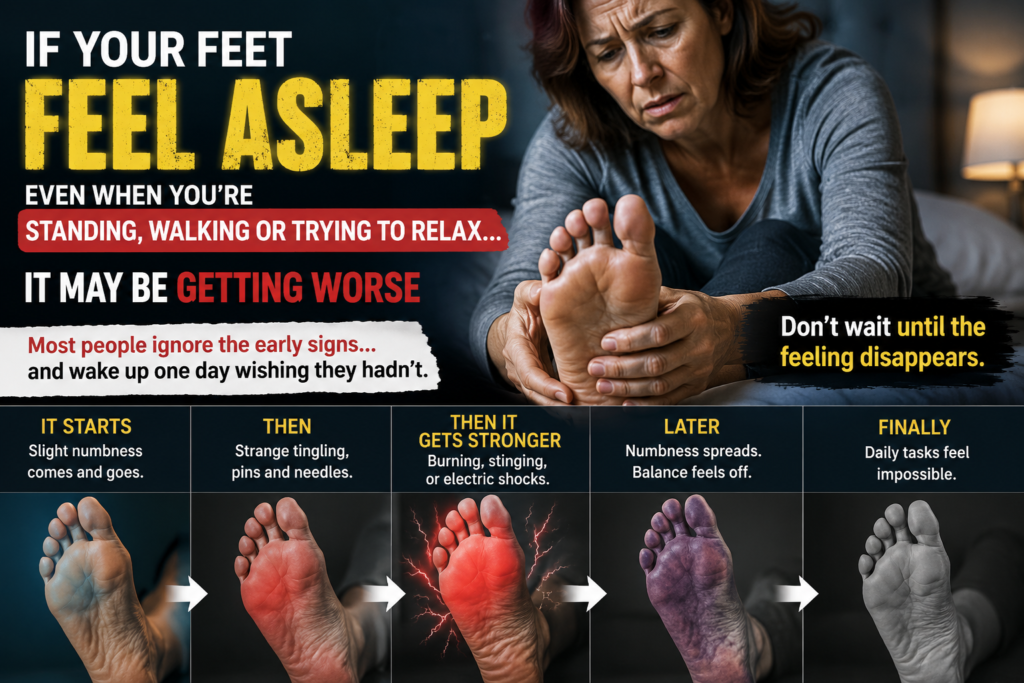 Middle-aged woman worried about feet that constantly feel asleep while experiencing numbness, tingling and a strange sensation that seems to be getting worse over time.