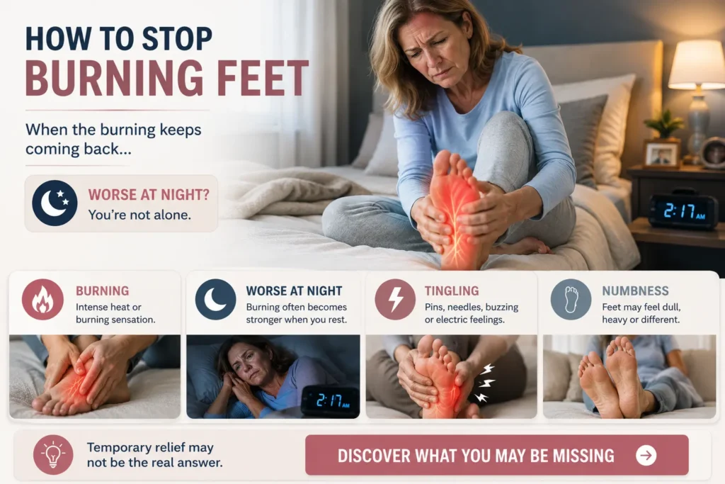 Woman holding her burning foot at home as recurring burning and tingling begin affecting her daily routine.