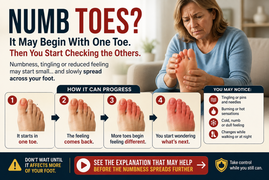 Realistic infographic showing how numb toes may begin with one toe before gradually spreading to other toes, while a middle-aged woman notices changes in foot sensation.