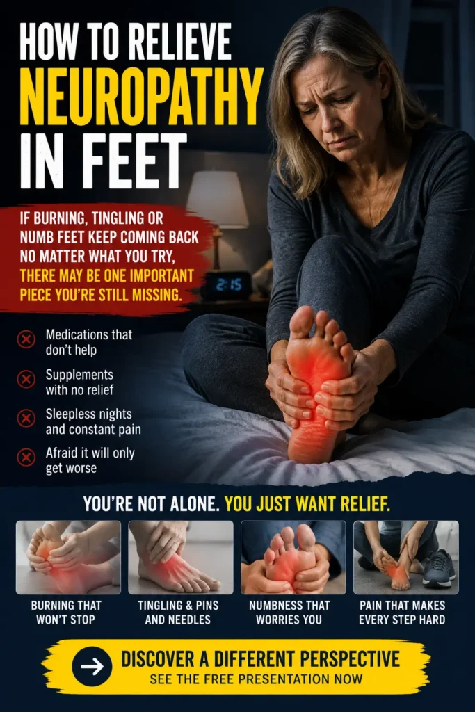 How To Relieve Neuropathy In Feet? Older woman sitting on her bed at night holding her burning foot after trying different treatments without lasting relief.