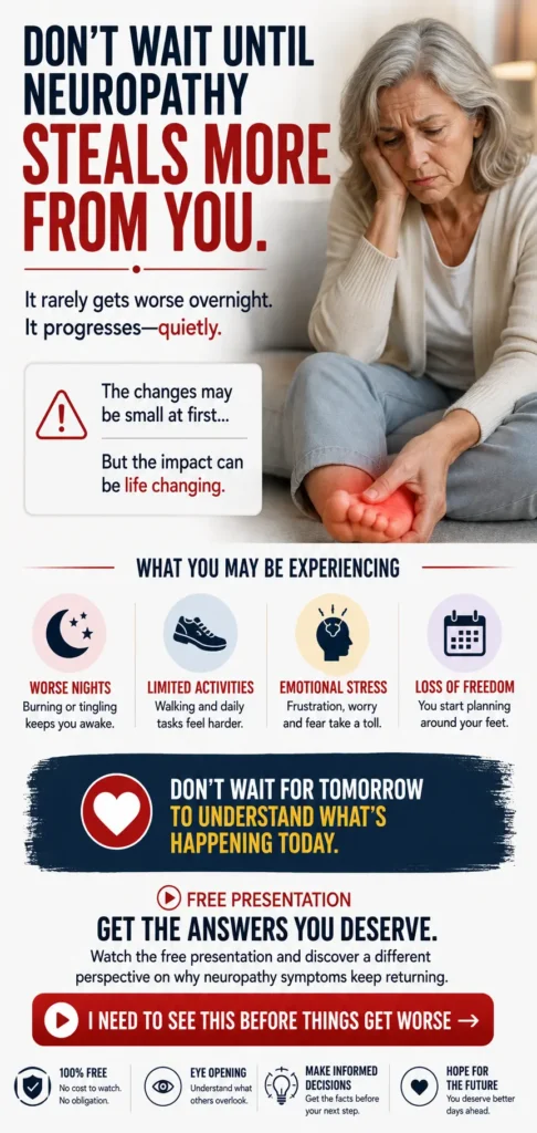 Neuropathy Relief. Older woman experiencing burning, tingling and numb feet while the image highlights how neuropathy symptoms may gradually affect sleep, walking and everyday life.