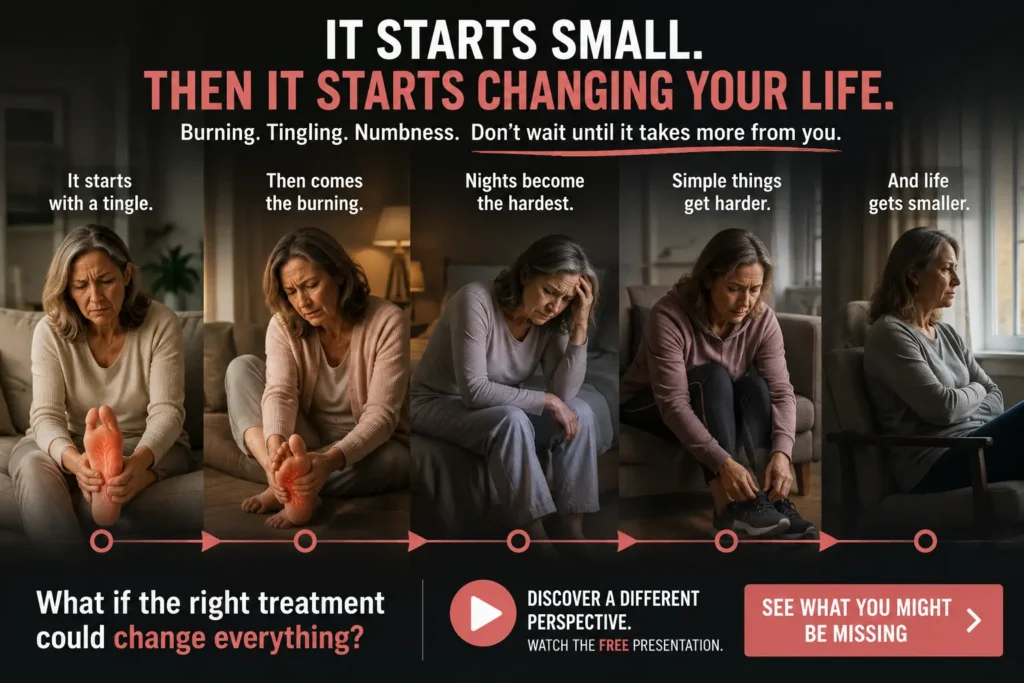 Older woman experiencing burning, tingling and numb feet as neuropathy symptoms begin affecting sleep and everyday activities.