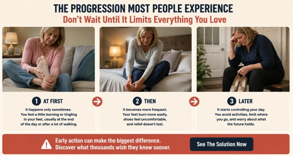 Progression of burning feet when wearing shoes showing an older woman experiencing increasing foot pain, shoe discomfort and daily activity limitations.