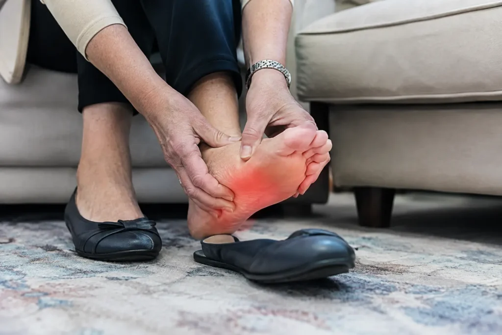 Older woman removing her shoes after experiencing burning feet and discomfort while wearing shoes during everyday activities.