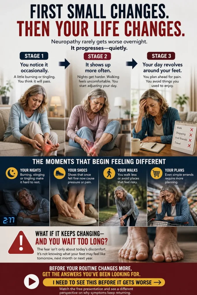 Neuropathy Relief. Three-stage progression showing an older woman as burning, tingling and numb feet gradually affect sleeping, walking and everyday activities.