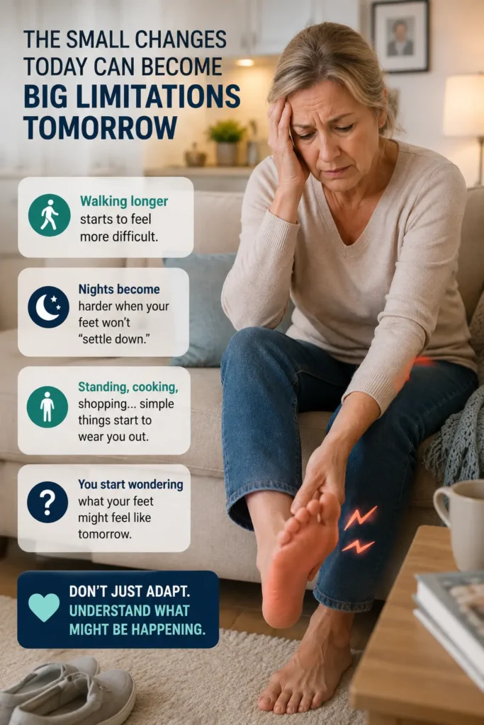 Woman with small fiber neuropathy foot symptoms affecting daily activities