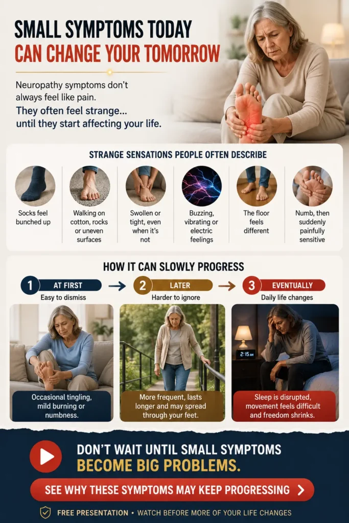 Older woman experiencing neuropathy symptoms progressing from unusual foot sensations to numbness, burning feet and increasing difficulty with walking, sleeping and everyday activities.