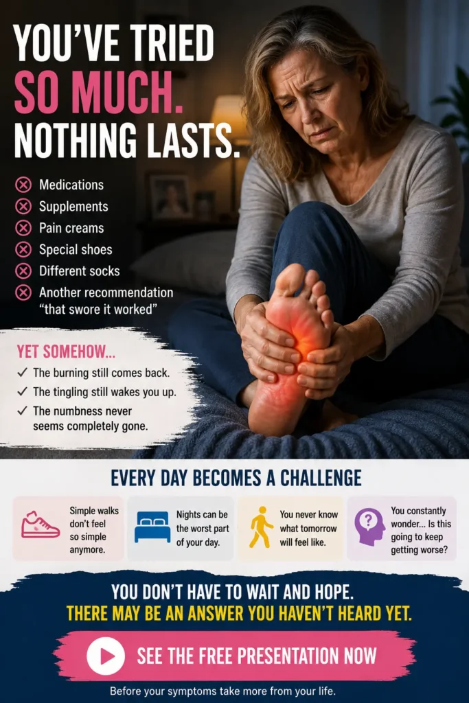 How To Relieve Neuropathy In Feet? Older woman sitting on her bed holding her burning foot after trying different treatments without lasting relief from burning, tingling and numbness.