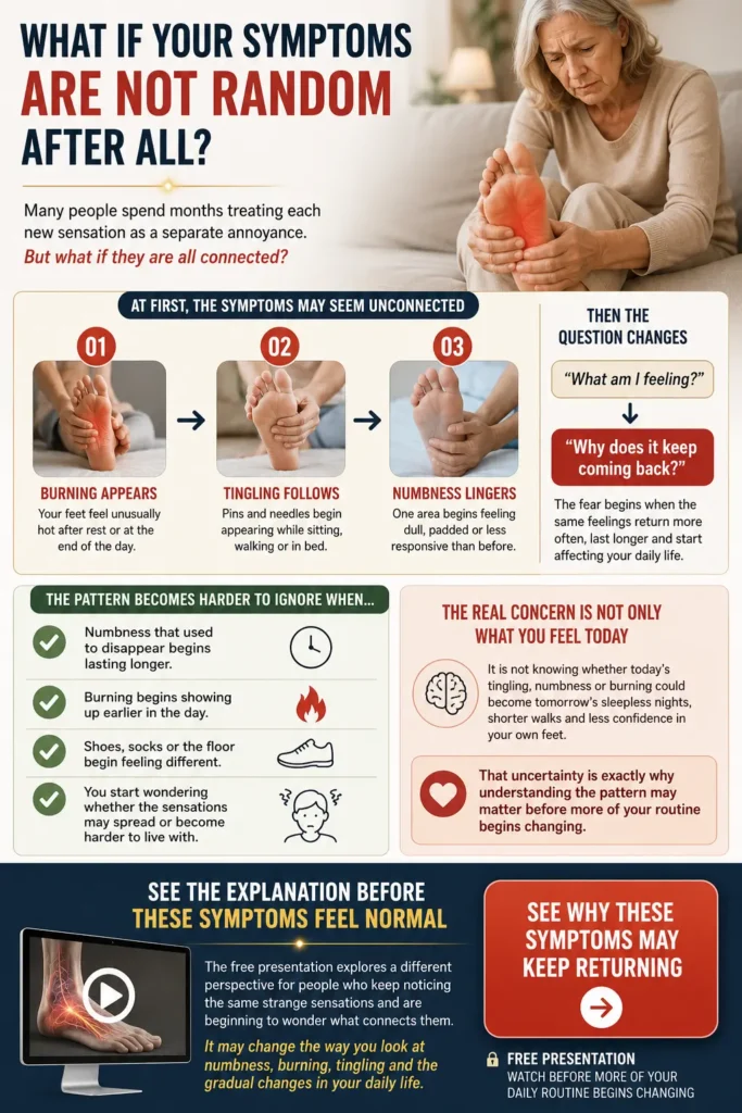 Older woman experiencing neuropathy symptoms as burning, tingling and numb feet become more frequent, raising concern about worsening daily life and mobility.