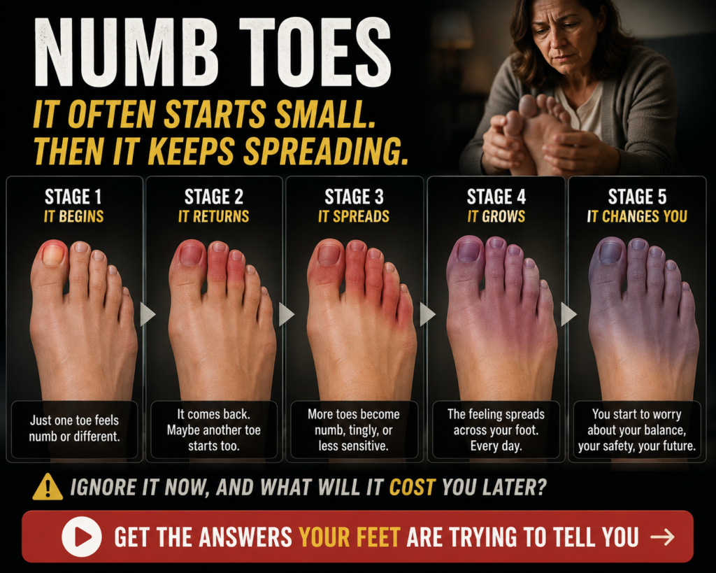 Progression illustration showing numb toes beginning with one toe and gradually spreading across the foot while a concerned middle-aged woman checks her foot.