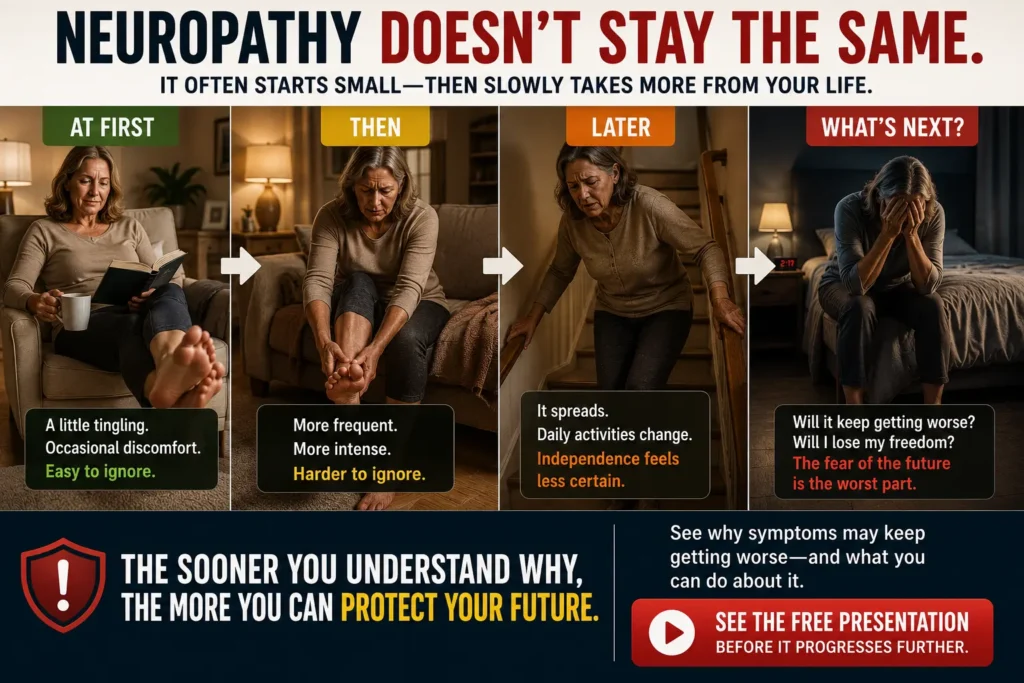 Older woman noticing burning feet, tingling and numbness becoming more frequent as neuropathy symptoms gradually interfere with everyday activities and independence.