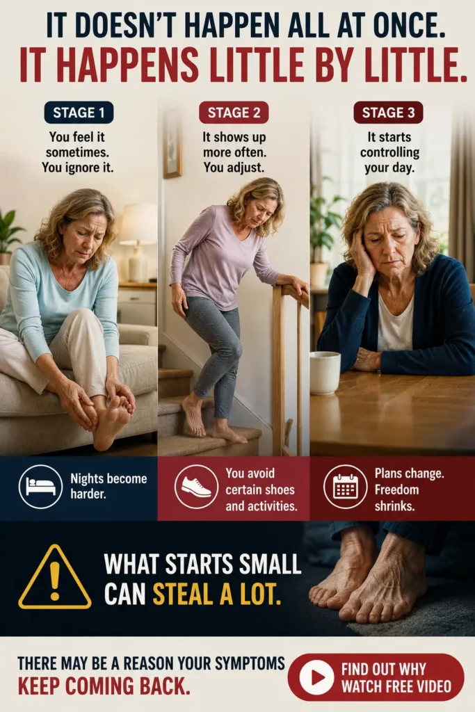 Neuropathy Relief. Three-stage progression showing an older woman dealing with burning, tingling and numb feet as symptoms gradually interfere with sleeping, walking and everyday activities.