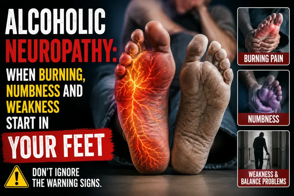 Alcoholic neuropathy symptoms including burning, numbness and weakness in the feet