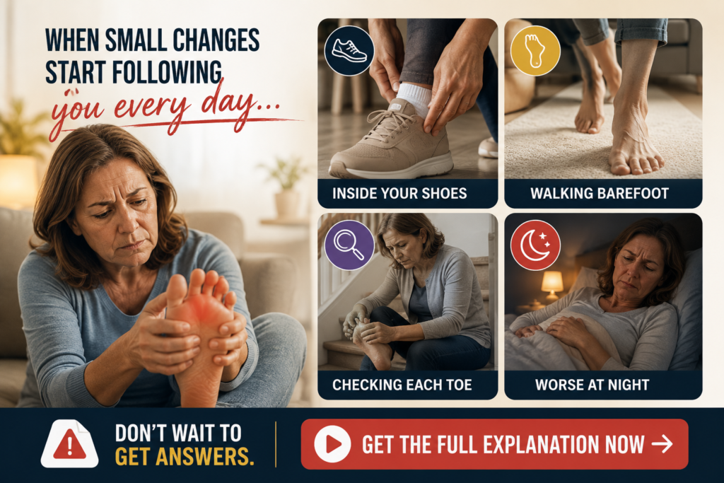 Middle-aged woman experiencing numb toes during daily activities including wearing shoes, walking barefoot, checking each toe and trying to sleep at night.