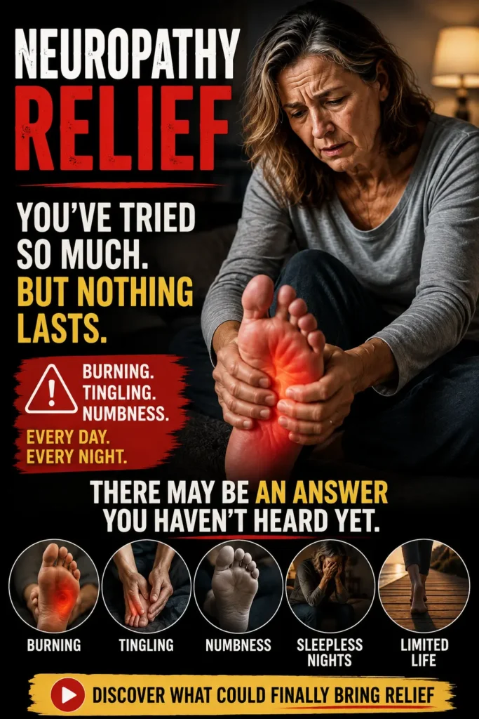 Neuropathy Relief. Older woman holding her burning foot while dealing with burning, tingling and numbness that keep returning despite trying different approaches.