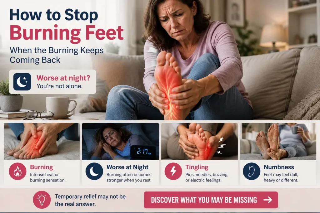 Woman holding her burning foot at home while experiencing recurring burning, tingling and numbness.