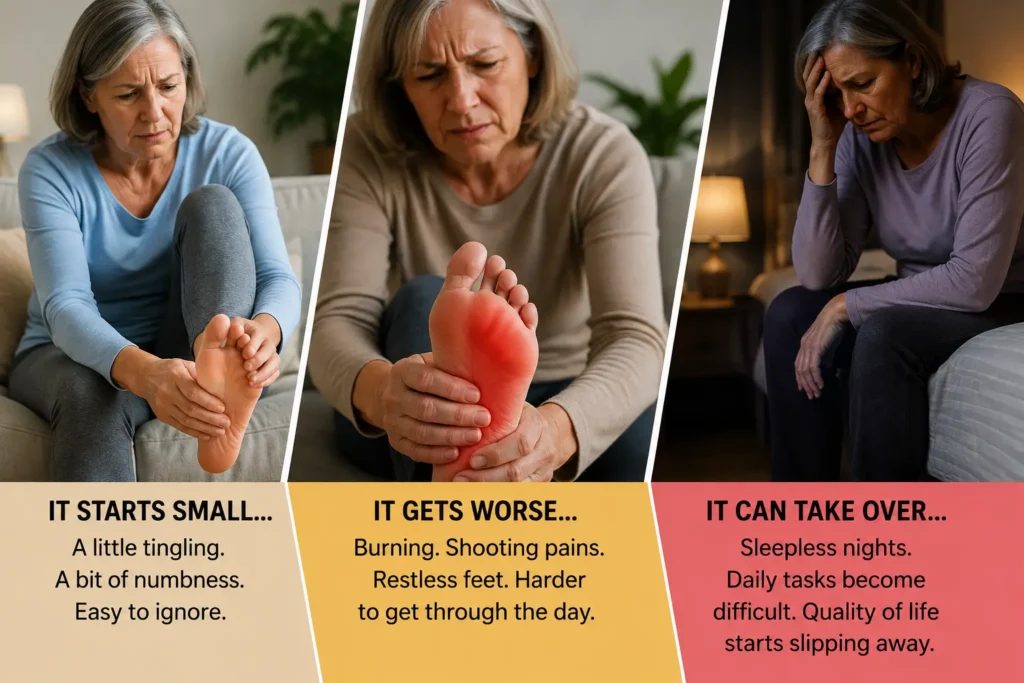 Older woman experiencing early neuropathy symptoms progressing from mild tingling and numb feet to burning pain and difficulty sleeping because of worsening foot discomfort.
