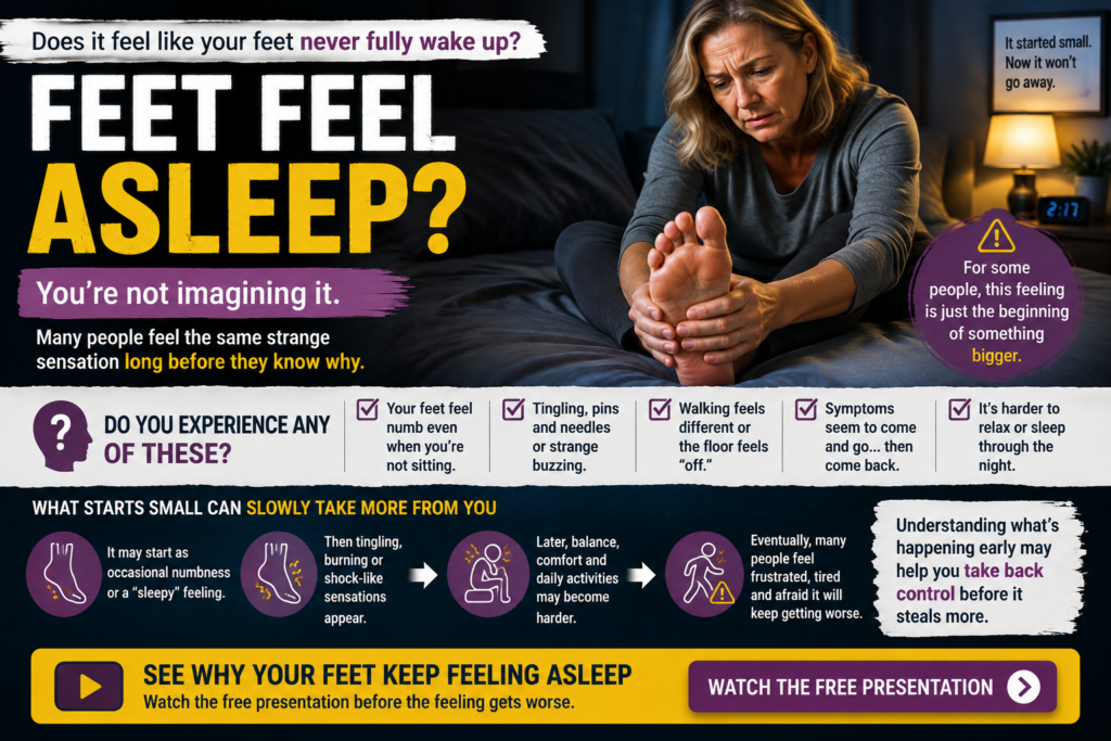 Realistic middle-aged woman sitting on her bed holding her foot after waking up while her feet still feel asleep with numbness, tingling and strange sensations.