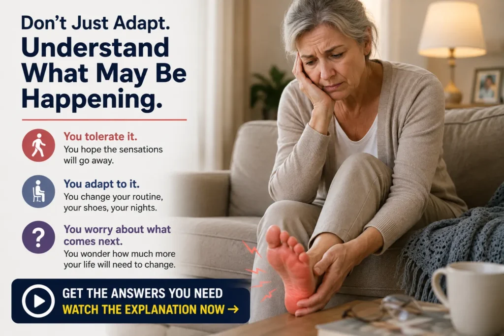 Woman experiencing small fiber neuropathy symptoms and persistent foot discomfort